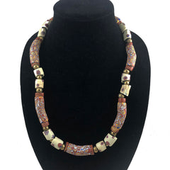 African Millefiori Elbow Trade Bead & Brass Necklace Vintage