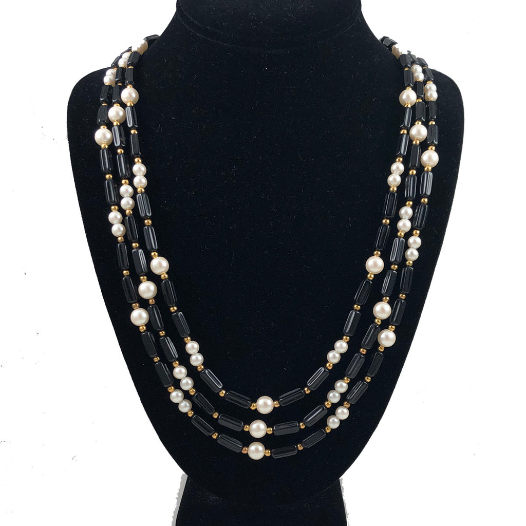 Trifari Multi-Strand Black White Bead Necklace