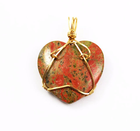 Large Unakite Wire Wrapped Heart Pendant