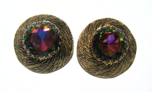 Antiqued Gold Crystal Clip On Earrings 1960's