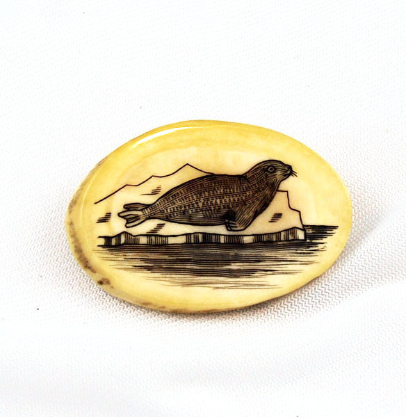Inuit Scrimshaw Walrus Tooth Pin - Signed Miaac Vintage