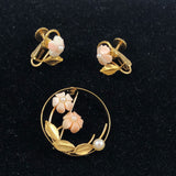 Wells Coral and Pearl Gold FIlled Brooch & Earring Set