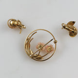 Wells Coral and Pearl Gold FIlled Brooch & Earring Set