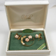 Wells Coral and Pearl Gold Filled Brooch & Earring Set