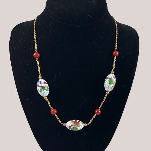 Gold & White Cloisonne Necklace Vintage