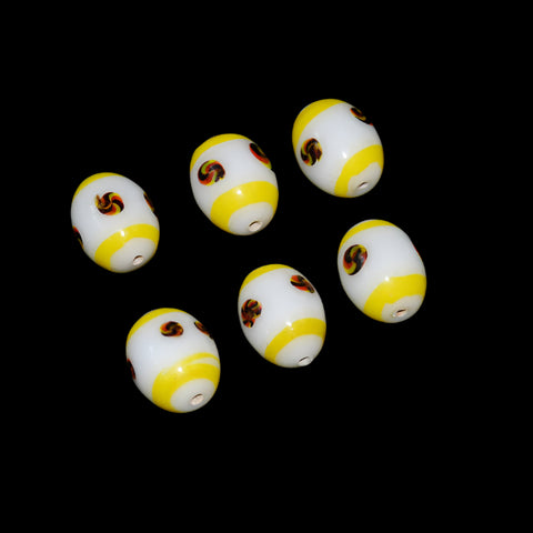  Hand Painted White & Yellow Porcelain Oval Beads