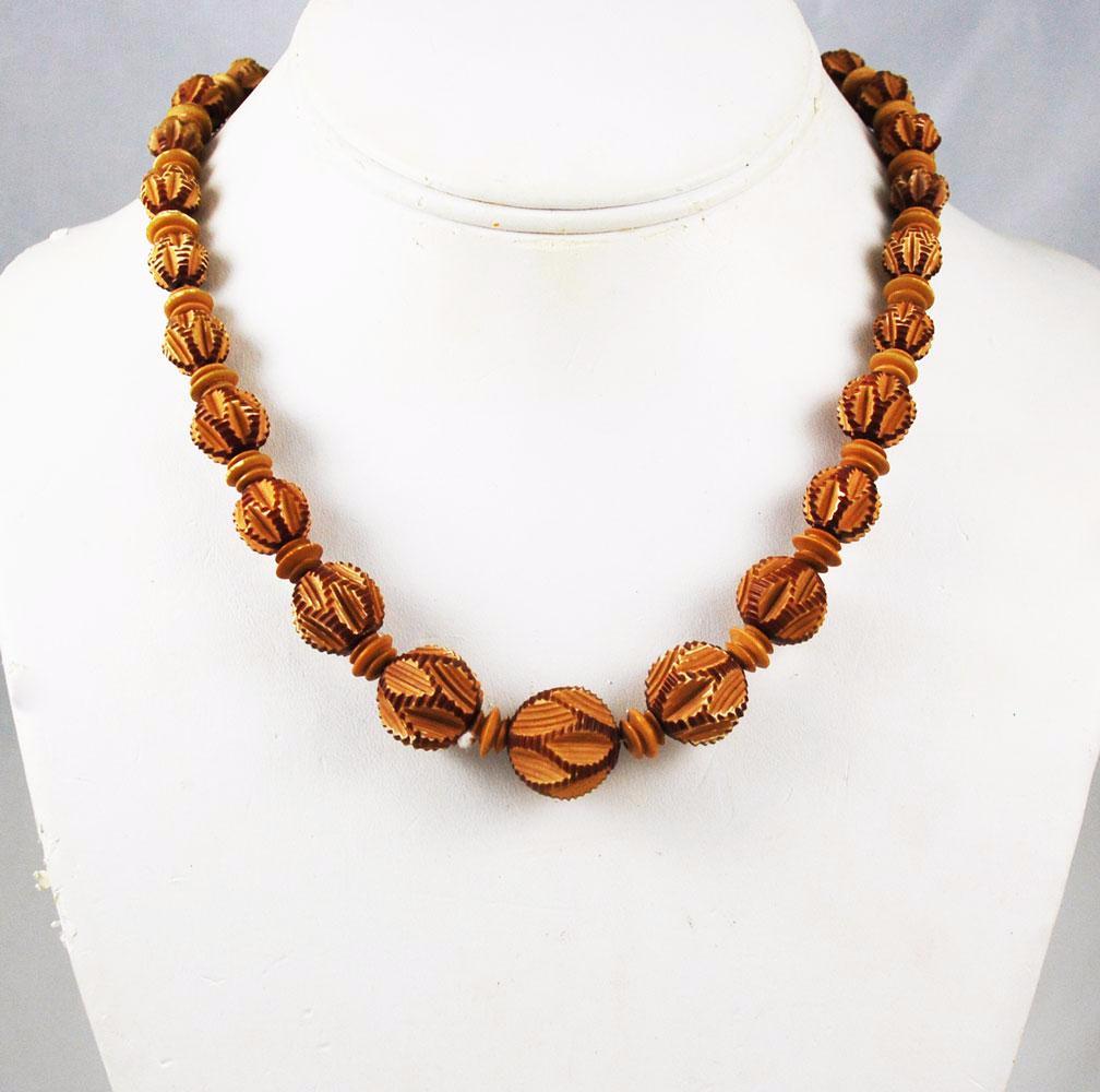 Carved Celluloid Faux Wood Bead Necklace