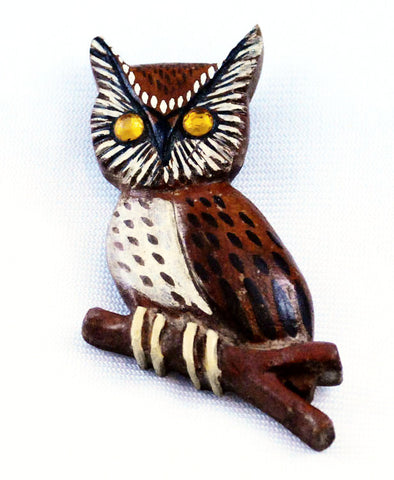 Handcrafted Wooden Owl Brooch Vintage