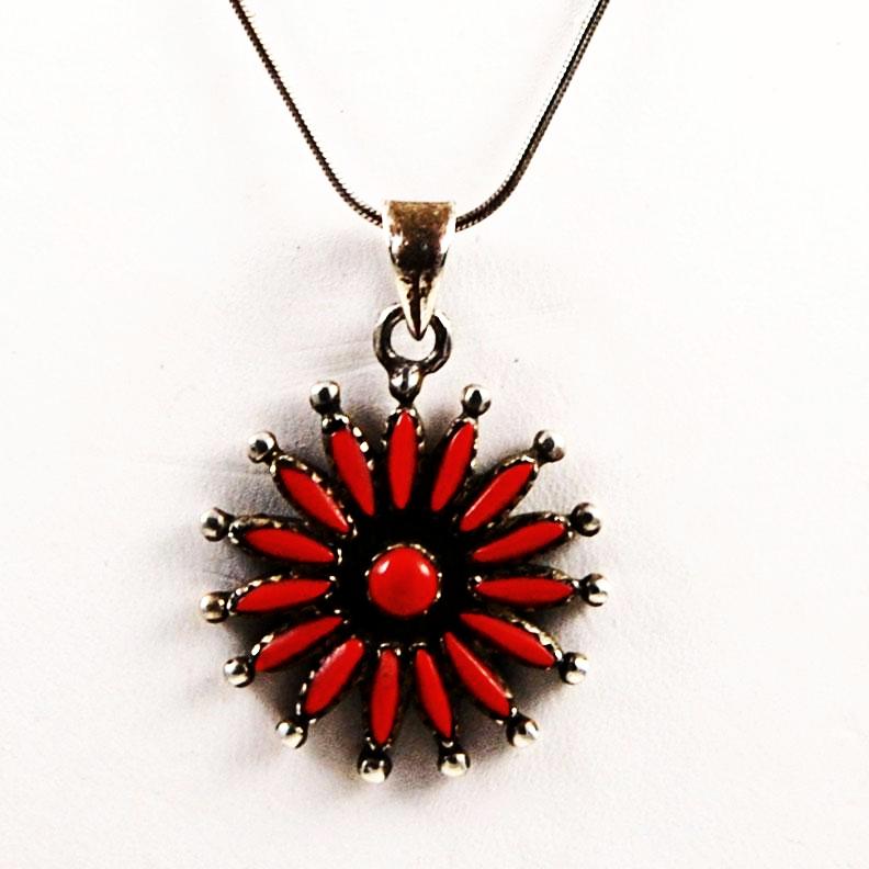 Zuni Red Coral Needlepoint Sterling Necklace 